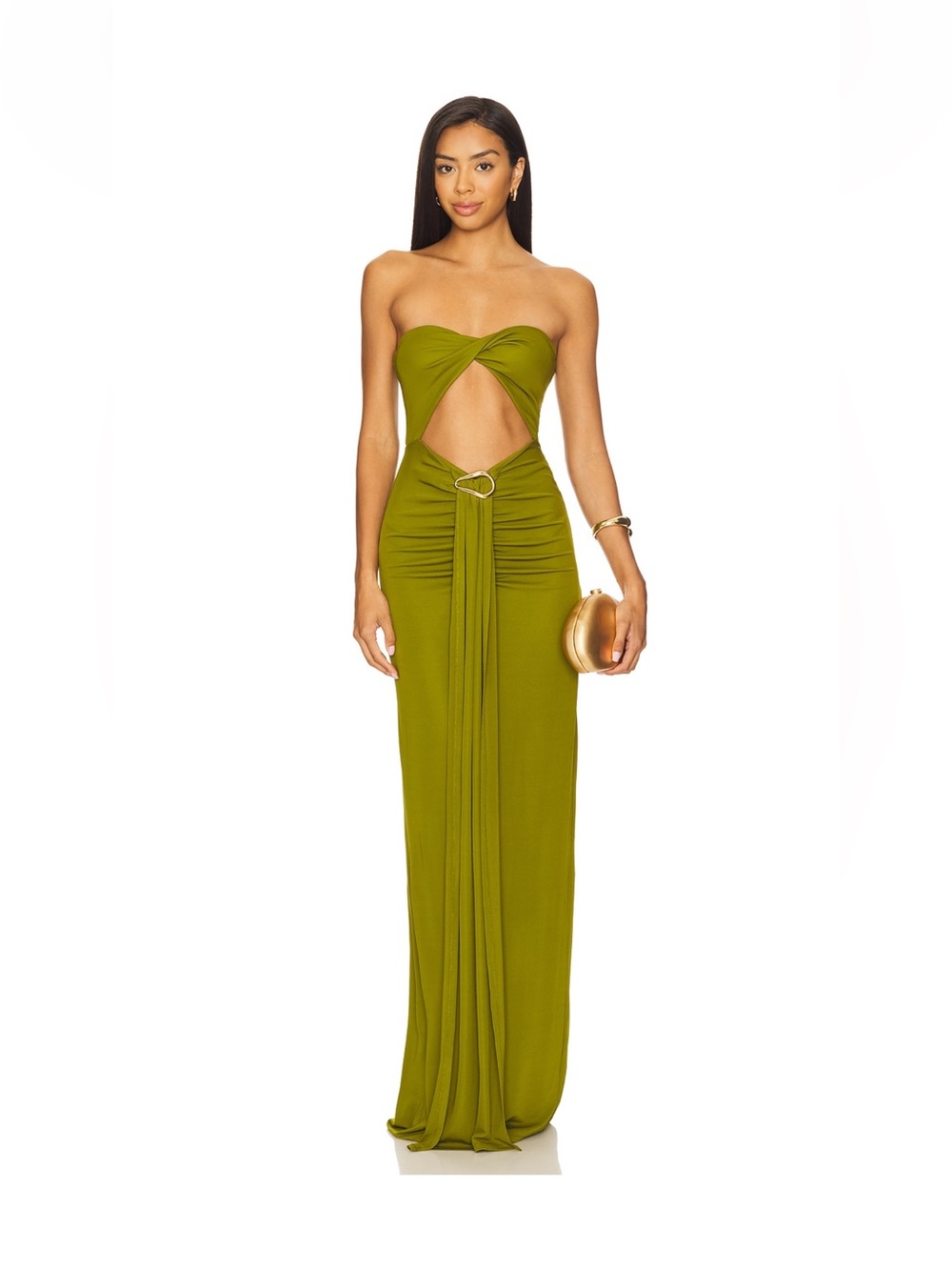 Lovers + Friends Olive Green Strapless Gown with Draped Front and Buckle